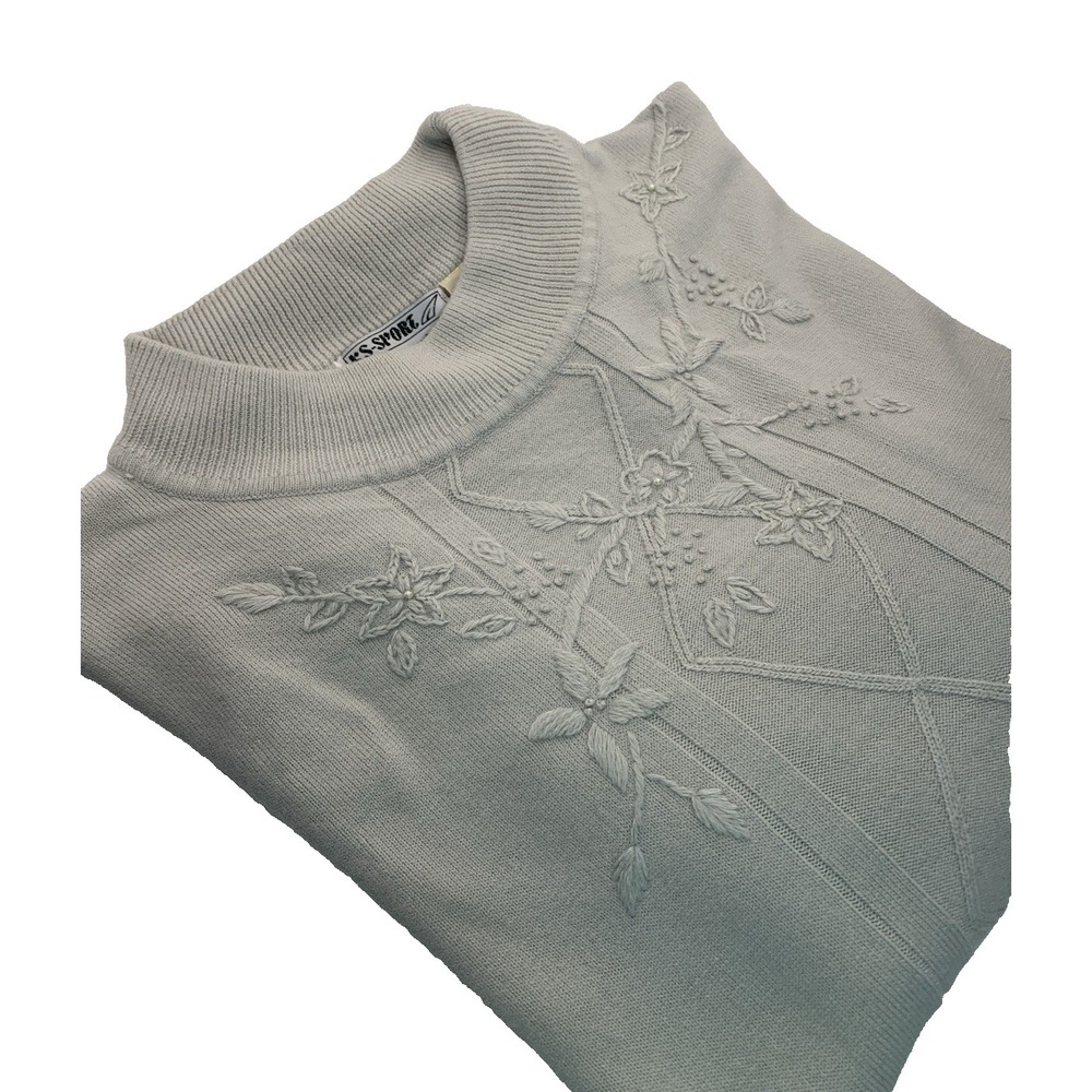Vintage KS-Sport by Knit-Set Pullover Sweater Women's XL Beige Floral Embroidery